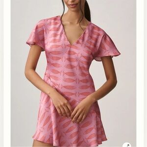 ANTHROPOLOGIE summer dress Pink Red Fish Sardine print XXS 0